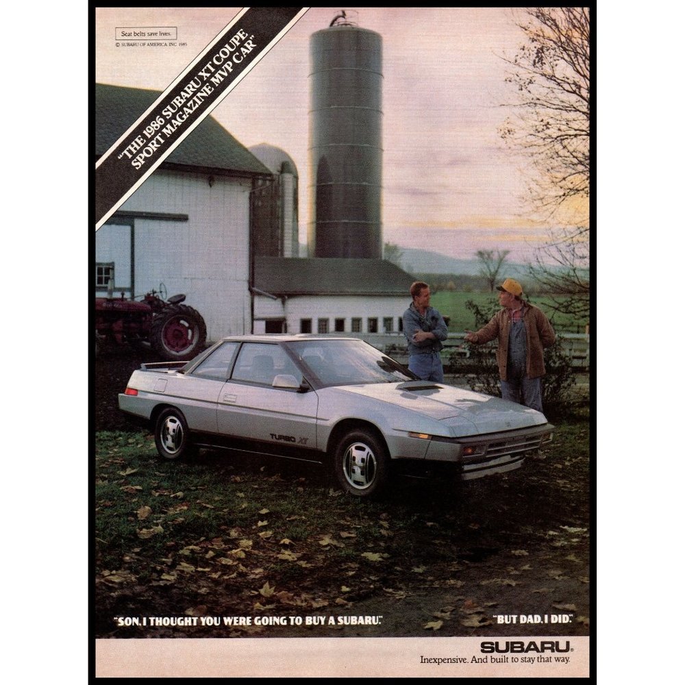 1986 Subaru XT Coupe Turbo Vintage Print Ad Father Son Farm Tractor Wall Art